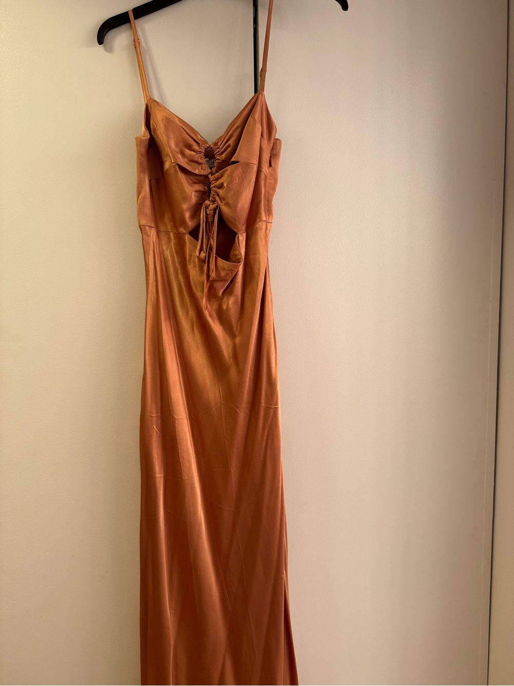Shona Joy Rust Satin Maxi Dress with Front Tie & Cutout